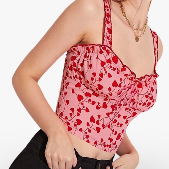 Women Heart Print Cami Top Spaghetti Strap Crop Tops - Picture 3 of 3
